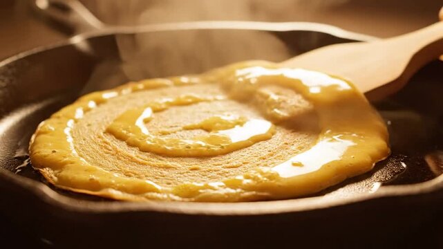 Close-up shot of pancake being cooked in a cast iron skillet, batter being poured and flipped with wooden spatula, breakfast food
