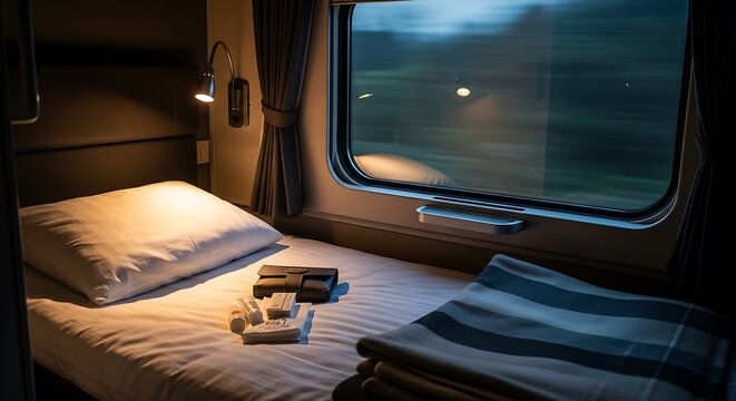 Train sleeper compartment with folded blanket and view
