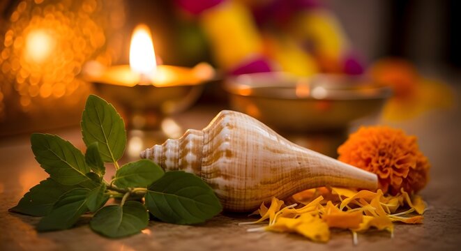 Sacred Hindu puja items featuring a conch shell, tulsi leaves, and oil lamp for Kartiki Ekadashi ritual celebrations