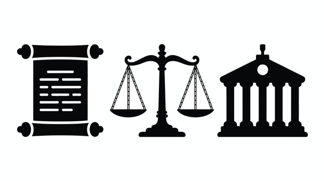 Minimalist graphic design featuring law symbols including a scroll balance scales and courthouse on white background