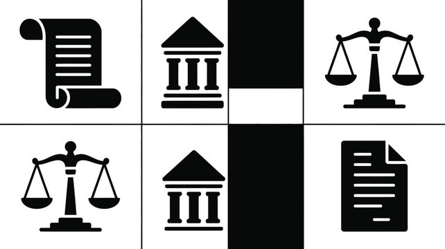 Justice and law icons set including scales court building and legal documents in black and white