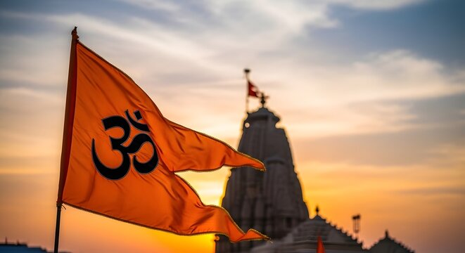 Saffron Bhagwa flag with Om symbol at Vitthal temple in Pandharpur during sunset for Ashadhi Ekadashi festival