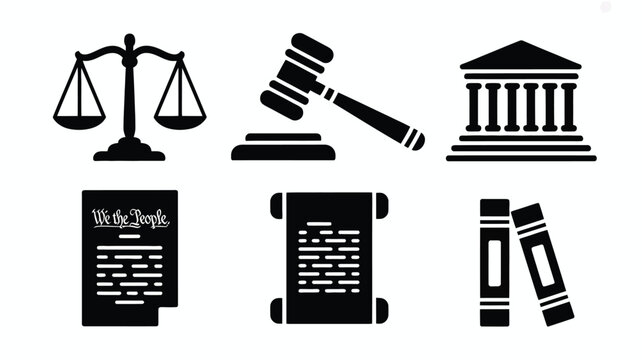 Vector illustration of law and justice symbols including scales gavel courthouse constitution and legal books on white background