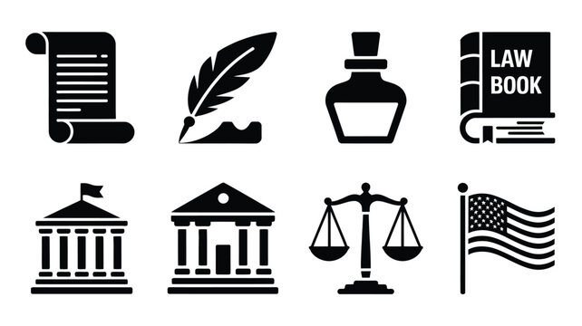 Vector bundle of constitution icons including law book scales and government building silhouettes on white background