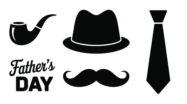 Vintage inspired silhouette icons for father's day with hat tie pipe mustache on white background