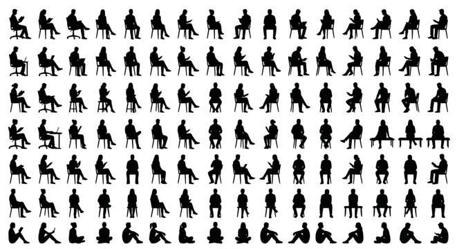 A large collection of human sitting silhouettes in vector style, black silhouettes