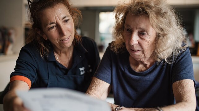 Deux femmes consultent attentivement des documents ensemble &agrave; domicile