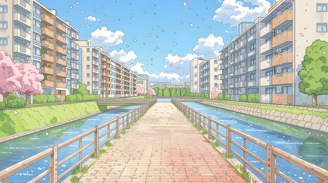 A Serene Urban Landscape Featuring Delightful Cherry Blossoms Along a Tranquil Riverbank in Springtime, Perfect for Nature Lovers and Scenic Walks
