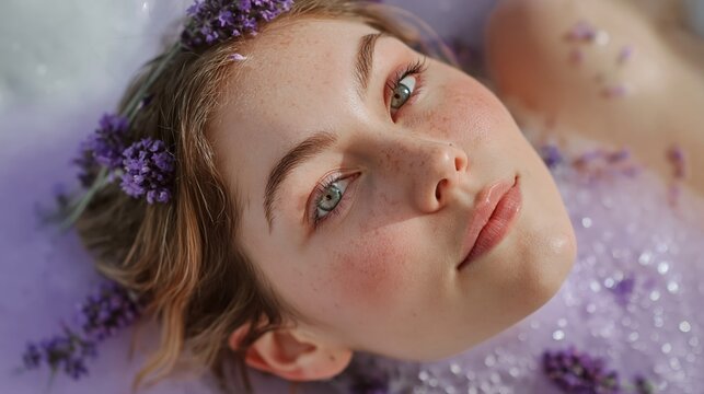 Jeune femme aux yeux verts dans un bain relaxant avec fleurs violettes