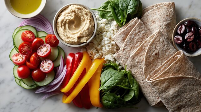 Ingr&eacute;dients frais pour wraps v&eacute;g&eacute;tariens dispos&eacute;s sur marbre blanc