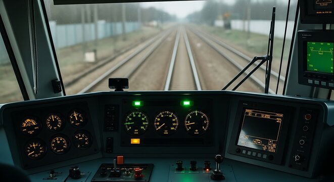 View From Train Driver's Cabin With Controls and Tracks Ahead