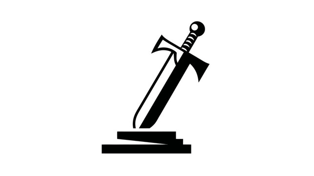 Black silhouette of a sword in stone, suggesting themes of power, protection, and valor