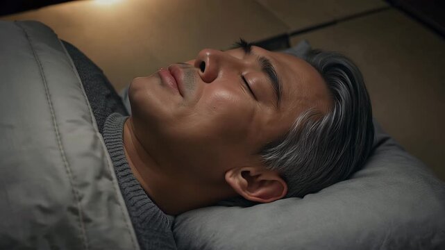 布団で眠る日本人シニア男性を静かな夜の柔光で丁寧に描写