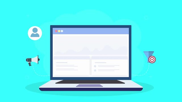 Flat vector animation of a laptop analytics dashboard with user profile, megaphone, and target icons. Concept of marketing strategy, audience targeting, and campaign performance tracking.