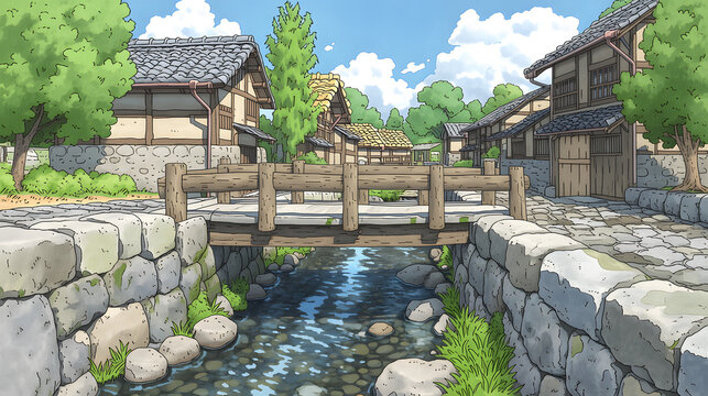 Discover the Tranquil Beauty of a Traditional Japanese Village: A Serene Landscape with a Charming Bridge Over a Clear Stream Surrounded by Lush Green Trees and Serenity