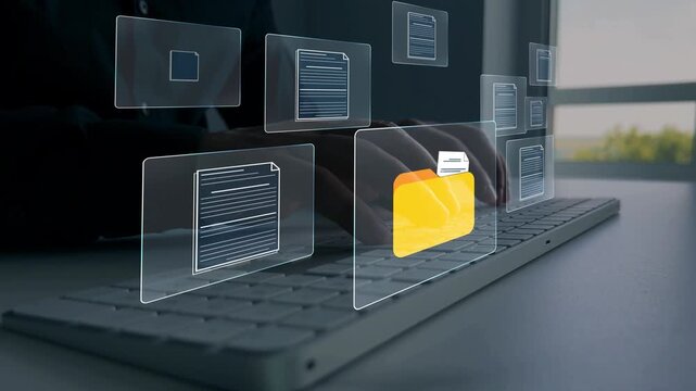 Efficient digital document management system for organizing files, archives and data. Modern technology concept showing secure storage, easy access and streamlined workflow in a paperless.