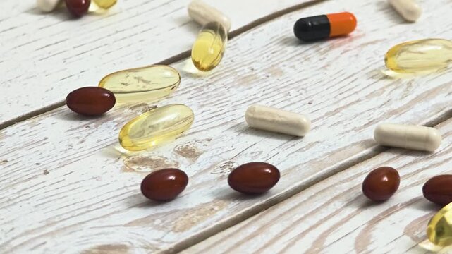 Various dietary supplements and vitamins scattered on a wooden surface. Includes capsules and soft gels in different shapes and colors.