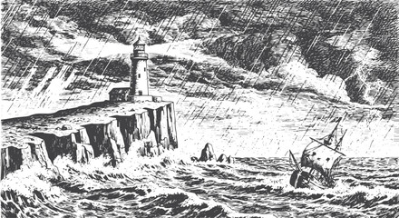 Lighthouse on cliff during stormy sea with lightning strike © miht3325