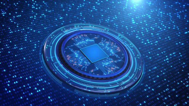 Human Hand click on High Tech Microprocessor circular digital interface Big Data Binary Code Background. circuit signal streaming binary code data, advanced semiconductor computing hardware technology