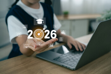 Naklejka premium Young student using technology to explore future education opportunities and career prospects with digital icons representing learning and growth