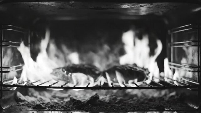 Black and white close-up of a raging inferno inside a dirty oven, with burgers on the rack