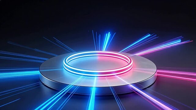 Neon ring on circular platform with light beams