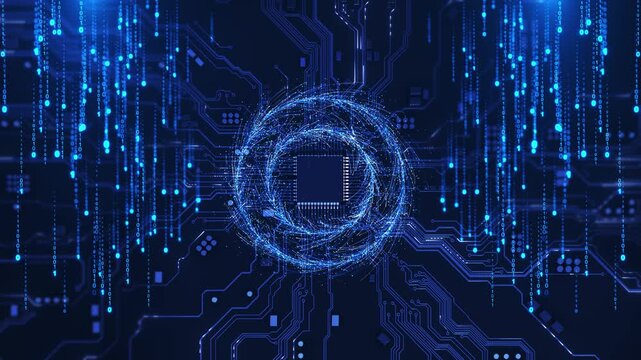 Artificial Intelligence Chip Circuit Digital Technology Core digital circuits. Ideal for AI concepts, machine learning visuals, data processing, advanced technology, futuristic computing themes. 3D