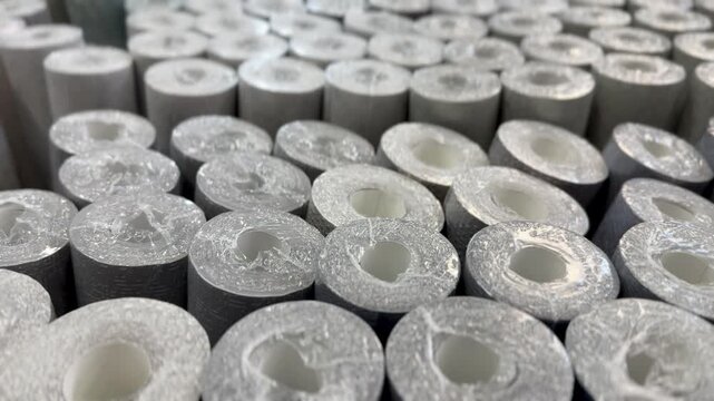 Close-up wallpaper rolls glitter texture, stacked vertically in store showroom, silver metallic finishes catching light, detailed