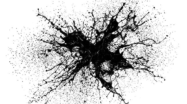 Dynamic black ink splash exploding outwards creating abstract artistic splatter patterns on a white background transparent background