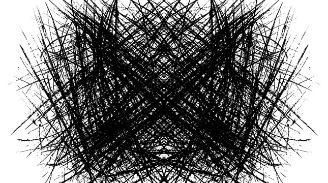 Intricate black ink scribbled abstract pattern with crossing lines and chaotic energy on a clean white background for graphic design transparent background