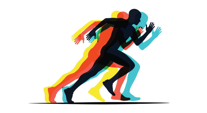 Dynamic vector illustration graphic design depicts a runner in motion with vibrant overlapping translucent color silhouettes of yellow orange and cyan against a clean white background representing spe