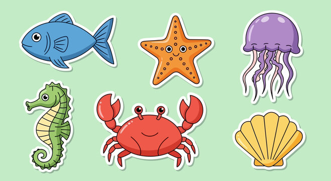 Delightful cartoon aquatic creatures sticker sheet with fish, starfish, jellyfish, seahorse, crab, seashell illustrations for kids