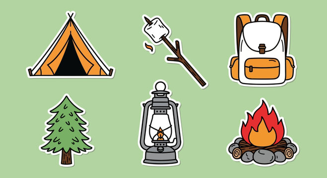 Vibrant and whimsical sticker sheet showcasing various camping essentials and outdoor gear, ideal for illustrating adventures and nature activities