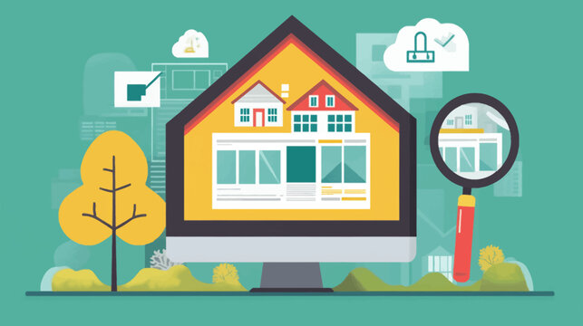 Colorful illustration with houses, computer, magnifying glass, cloud icons and a tree