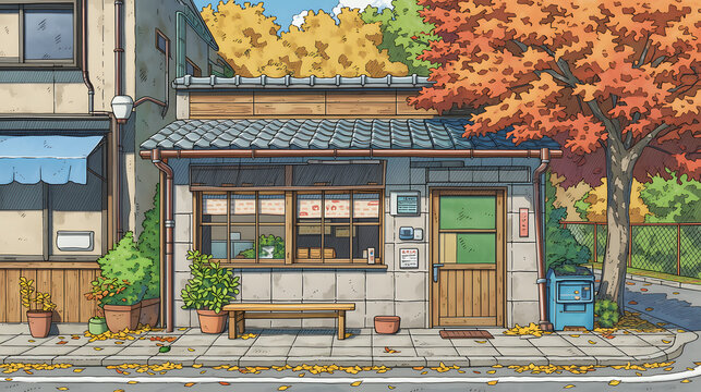 Charming Autumn Scene of a Cozy Cafe Amid Colorful Leaves and Inviting Architecture, Perfectly Capturing the Essence of a Peaceful Neighborhood