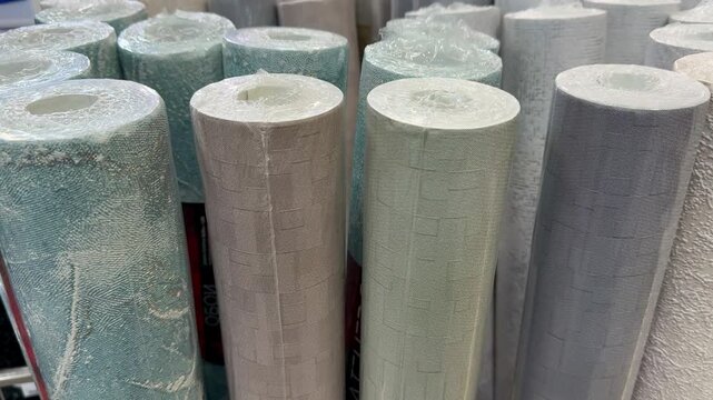 Close-up wallpaper rolls in showroom, soft muted teal gray beige textures, vertical rolls lined on shelf, embossed grain patterns