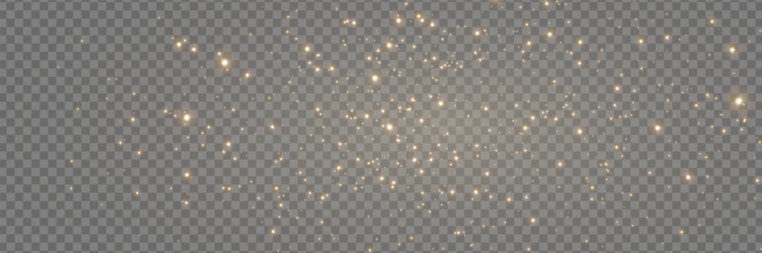 Gold glitter light banner. Magic dust background. Luxury party. Star particle bg. Christmas Holiday golden confetti. Fairy bulb. Glow shine bokeh. Winter Celebration frame. Vector illustration