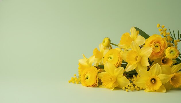 Yellow spring flowers with daffodils and ranunculus on green background