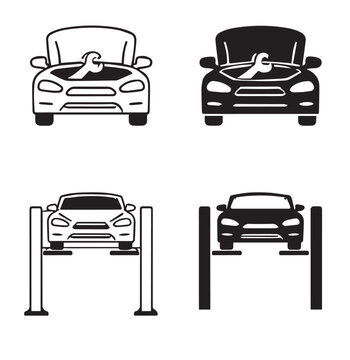 Minimalist automotive icons of car inspection with wrench and vehicle servicing on hydraulic lift in outline and solid style