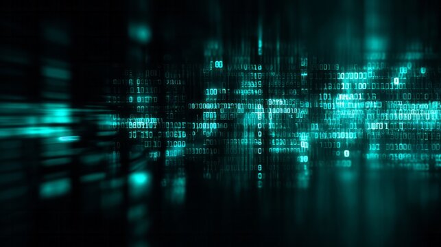 Abstract teal binary code streams with digital data flow.