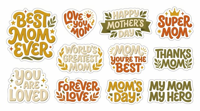 Professional Mother's Day Hand-Lettering Sticker Set Collection with Warm Color Palette