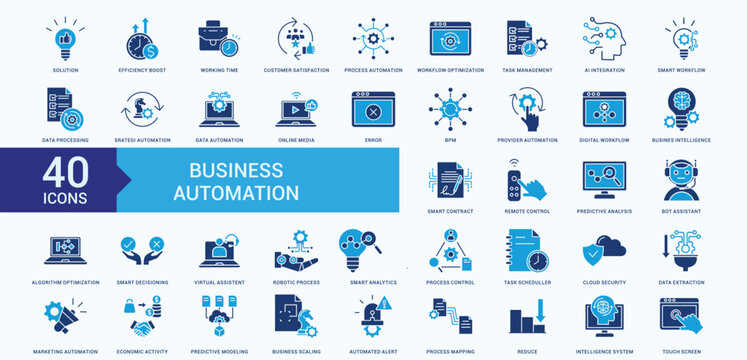 Business Automation  Icon Collection Set Flat Blue Style with Solution, Efficiency Boost, Working Time, Customer Satisfaction