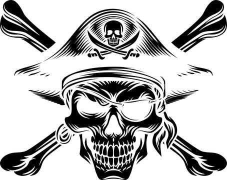Pirate skull crossbones wearing a tricorn captain hat with crossing bones. In a vintage retro woodcut style.