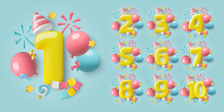 Birthday 3d numbers set with balloons, confetti and party decorations. 1, 2, 3, 4, 5, 6, 7, 8, 9 and 10 year old anniversary backgrounds in a cute plastic style. Vector illustration.
