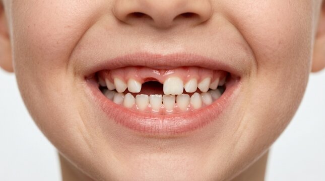 Close-up of a child's mouth with a missing front tooth, dental development and losing teeth concept