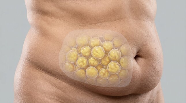 3D medical illustration of subcutaneous fat cells under human skin, obesity and weight gain concept