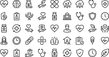 Fototapeta premium Healthcare icons depict medical equipment and wellness symbols for professional clinical documentation and care.