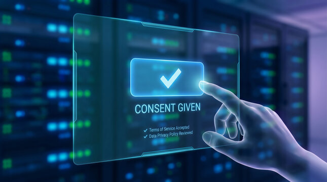 Hand selecting consent given checkbox on digital privacy interface with gdpr compliance
