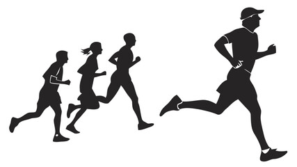 Fototapeta premium Silhouettes of multiple runners moving forward in running motion on white background conveying energy and fitness