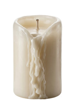 White pillar candle with dripping wax isolated. Home decor accessory.
